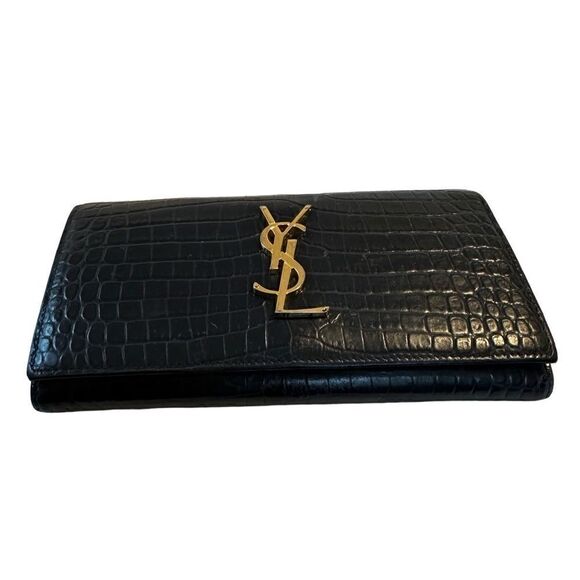 YSL dark navy crocodile embroidered leather long wallet - Picture 5 of 16